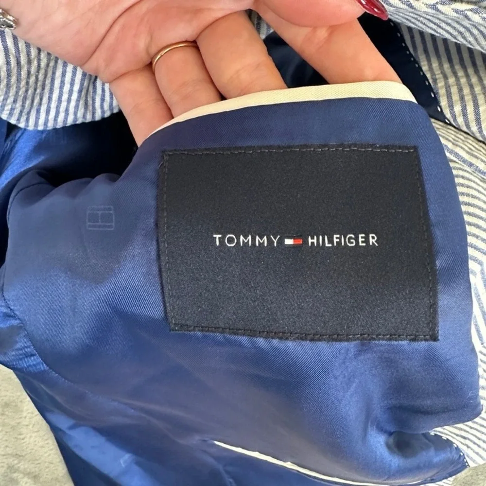 Tommy Hilfiger Mens Blue White Seersucker Stripe Two Button Sport Coat 42S